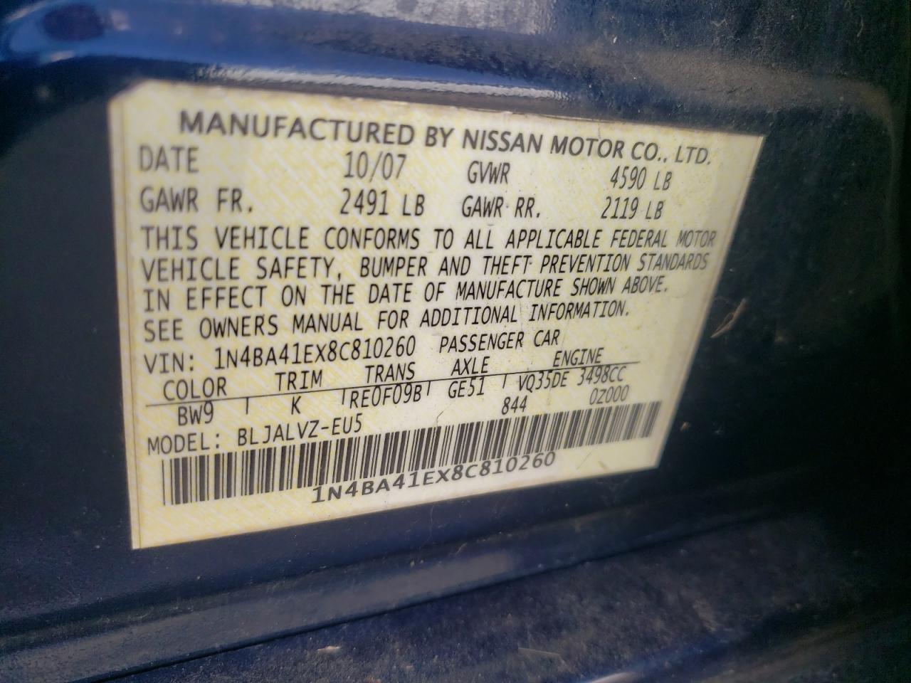 2008 Nissan Maxima Se VIN: 1N4BA41EX8C810260 Lot: 86146325