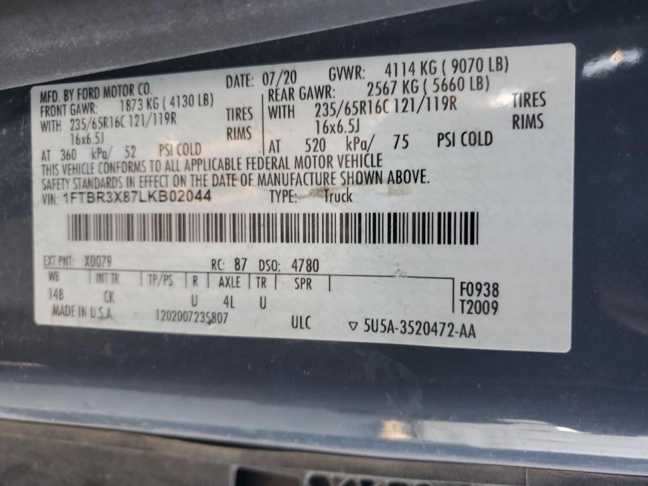 2020 Ford Transit 250 Delivery Van VIN: 1FTBR3X87LKB02044 Lot: 87413925