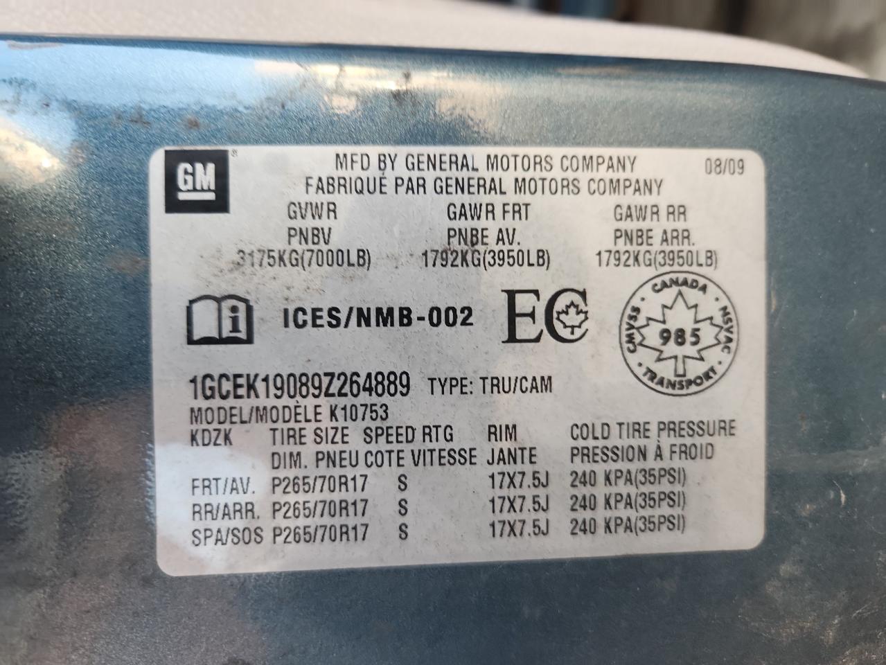 2009 Chevrolet Silverado K1500 VIN: 1GCEK19089Z264889 Lot: 81986205