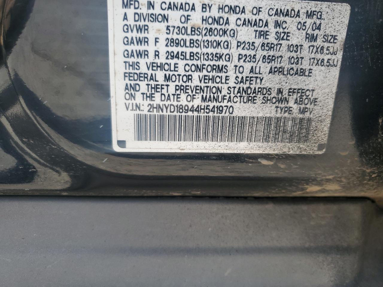 2004 Acura Mdx Touring VIN: 2HNYD18944H541970 Lot: 85737555