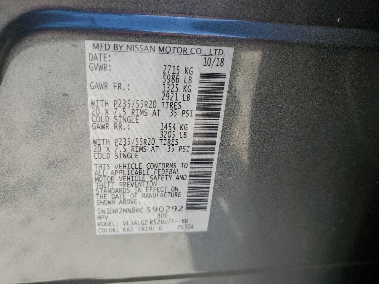 2019 Nissan Pathfinder S VIN: 5N1DR2MN8KC590292 Lot: 87404315