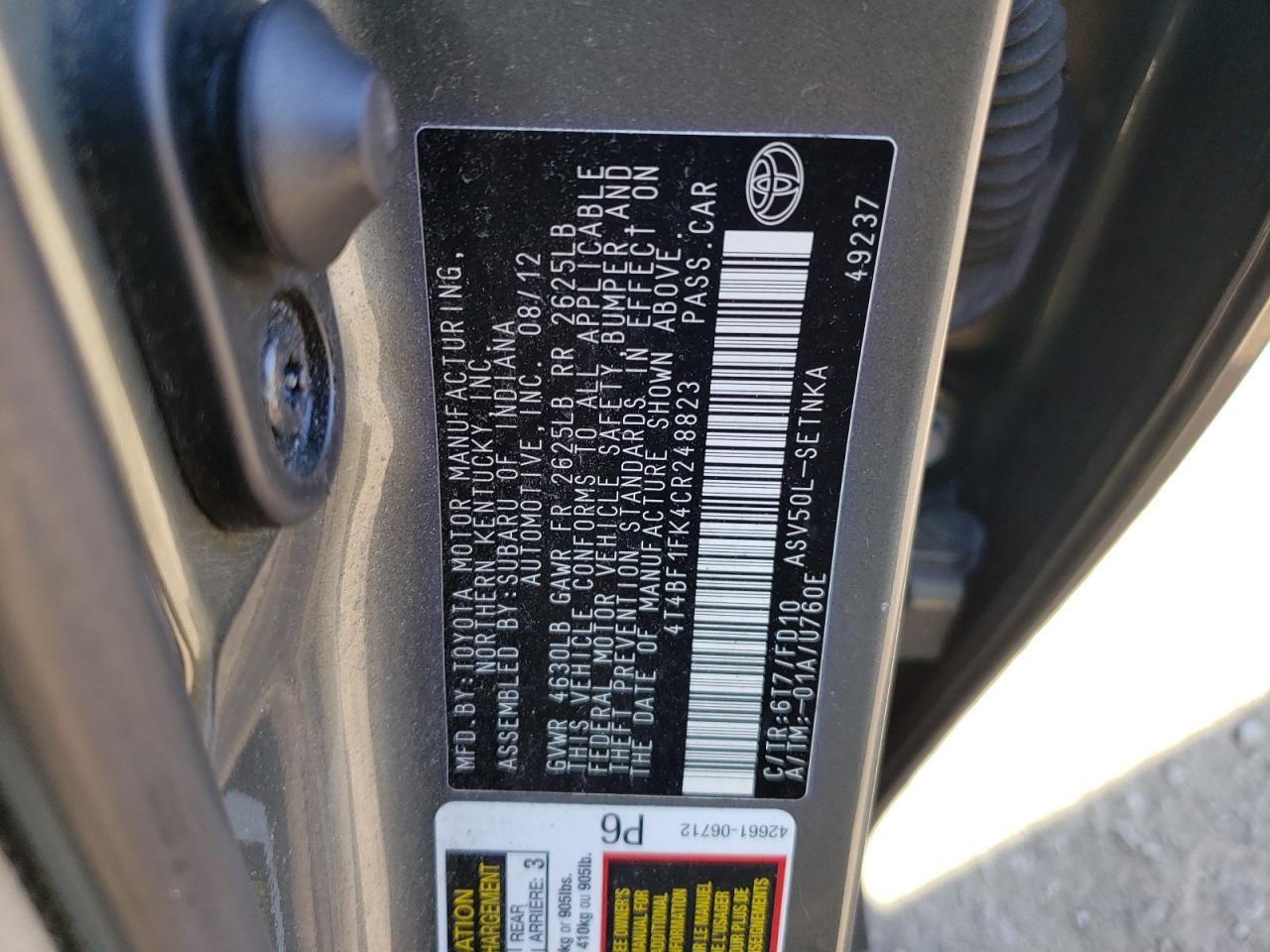 2012 Toyota Camry Base VIN: 4T4BF1FK4CR248823 Lot: 82381075