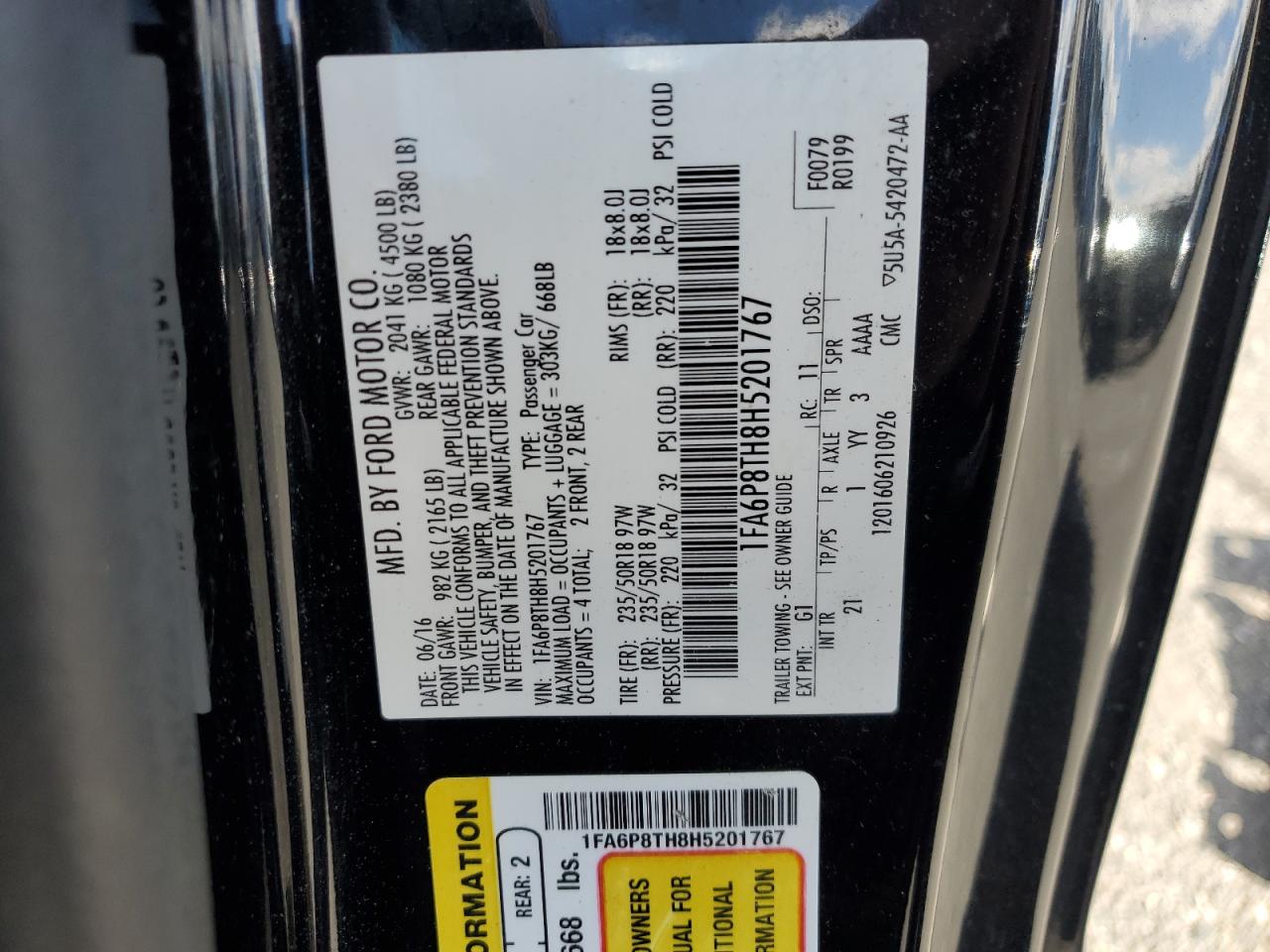 2017 Ford Mustang VIN: 1FA6P8TH8H5201767 Lot: 80384695