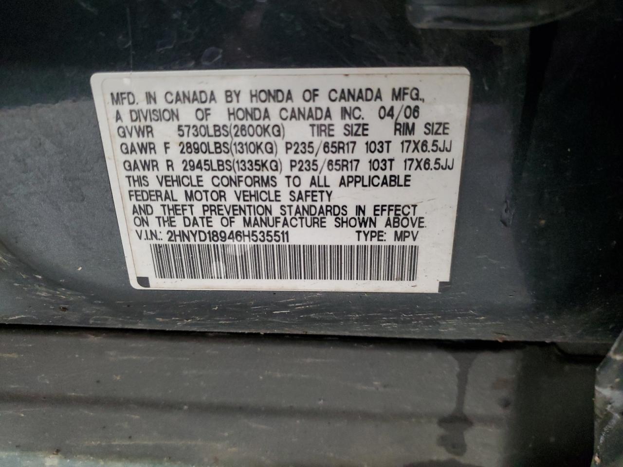 2006 Acura Mdx Touring VIN: 2HNYD18946H535511 Lot: 90265525