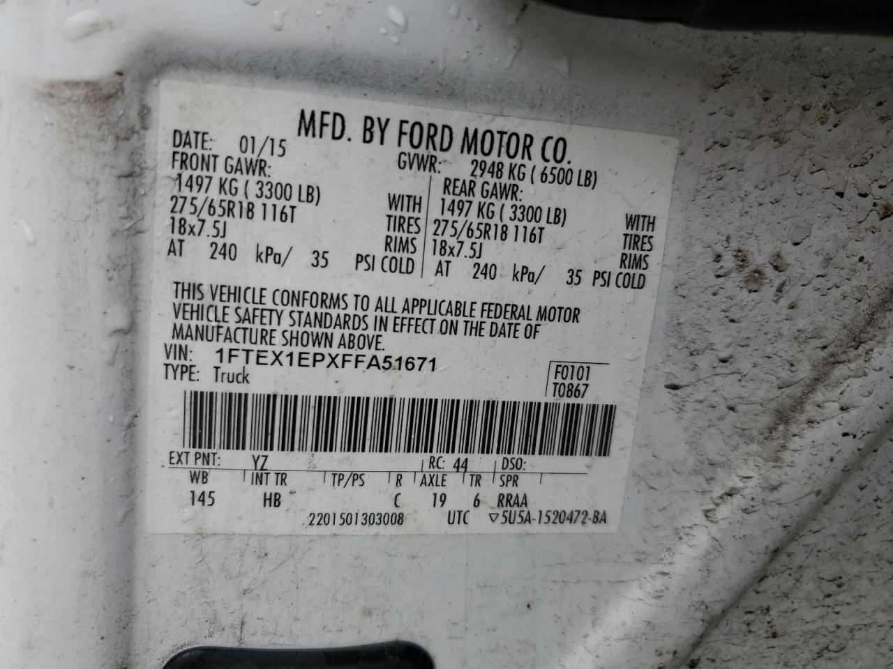 2015 Ford F150 Super Cab VIN: 1FTEX1EPXFFA51671 Lot: 90805485