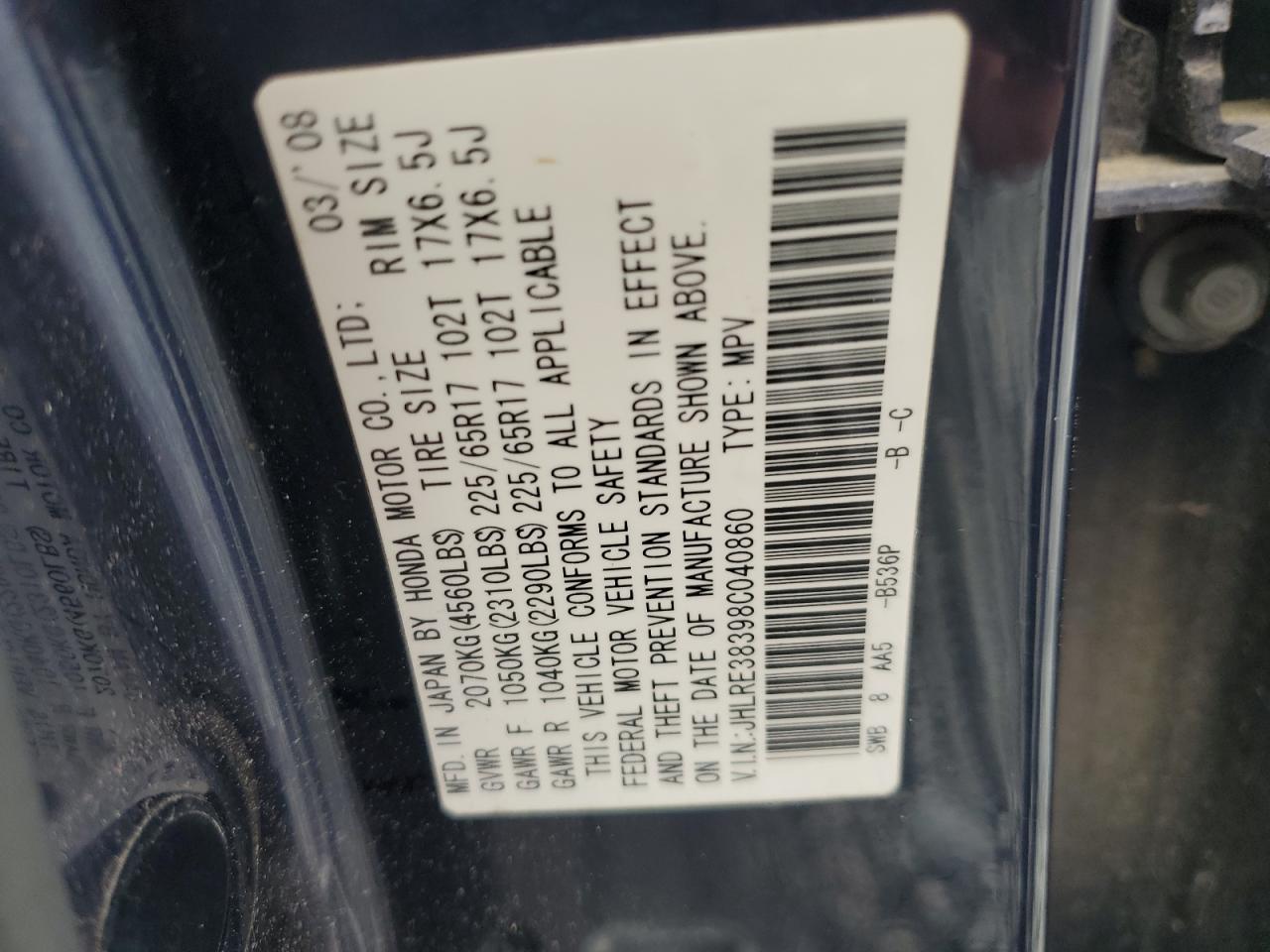 2008 Honda Cr-V Lx VIN: JHLRE38398C040860 Lot: 90723145