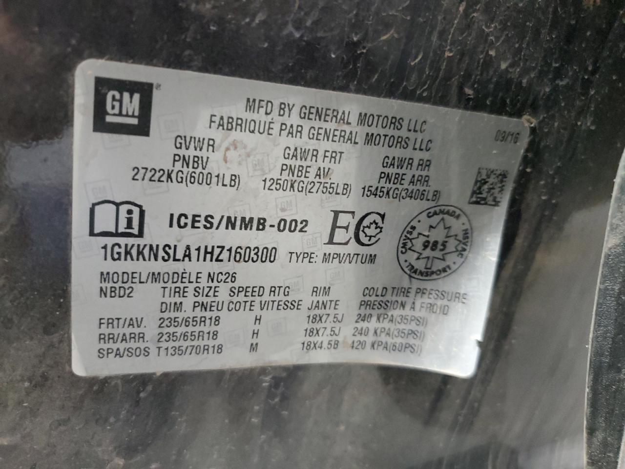 2017 GMC Acadia Sle VIN: 1GKKNSLA1HZ160300 Lot: 83948485