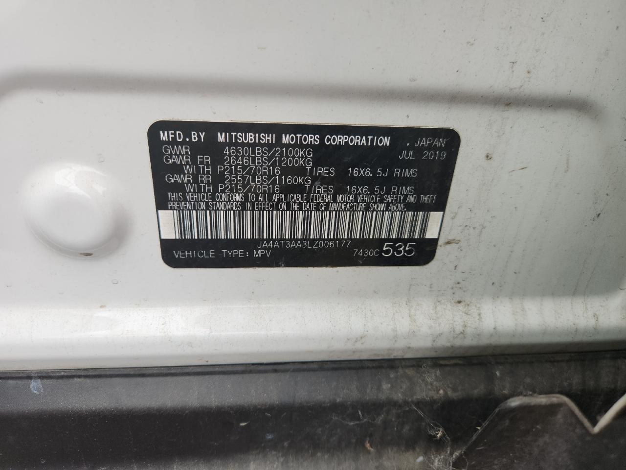 2020 Mitsubishi Eclipse Cross Es VIN: JA4AT3AA3LZ006177 Lot: 86327195