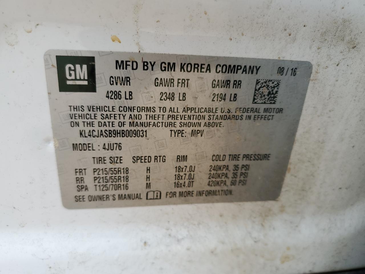 2017 Buick Encore Preferred VIN: KL4CJASB9HB009031 Lot: 89451875