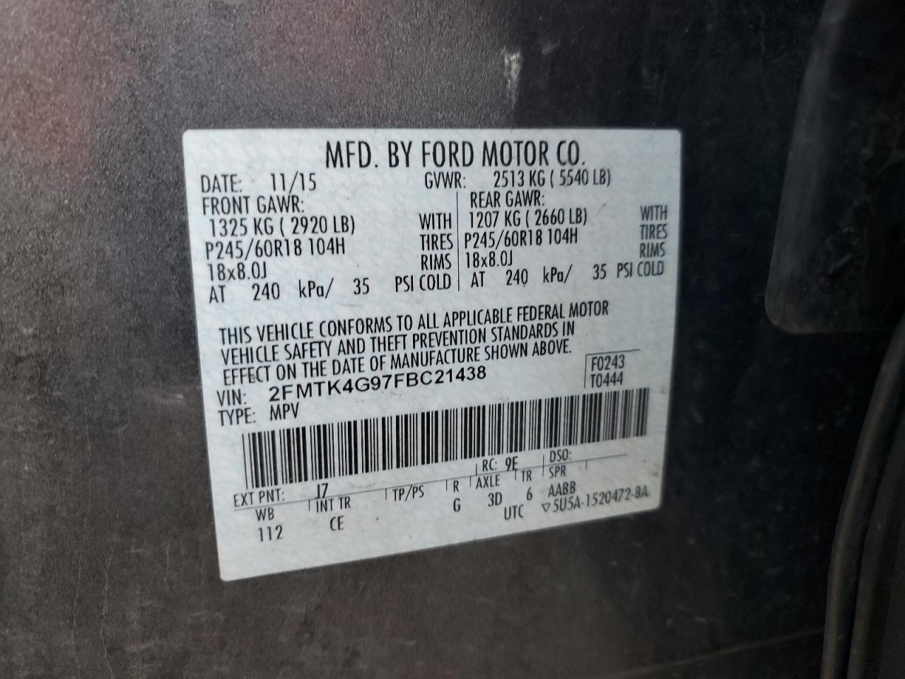 2015 Ford Edge Se VIN: 2FMTK4G97FBC21438 Lot: 86547285