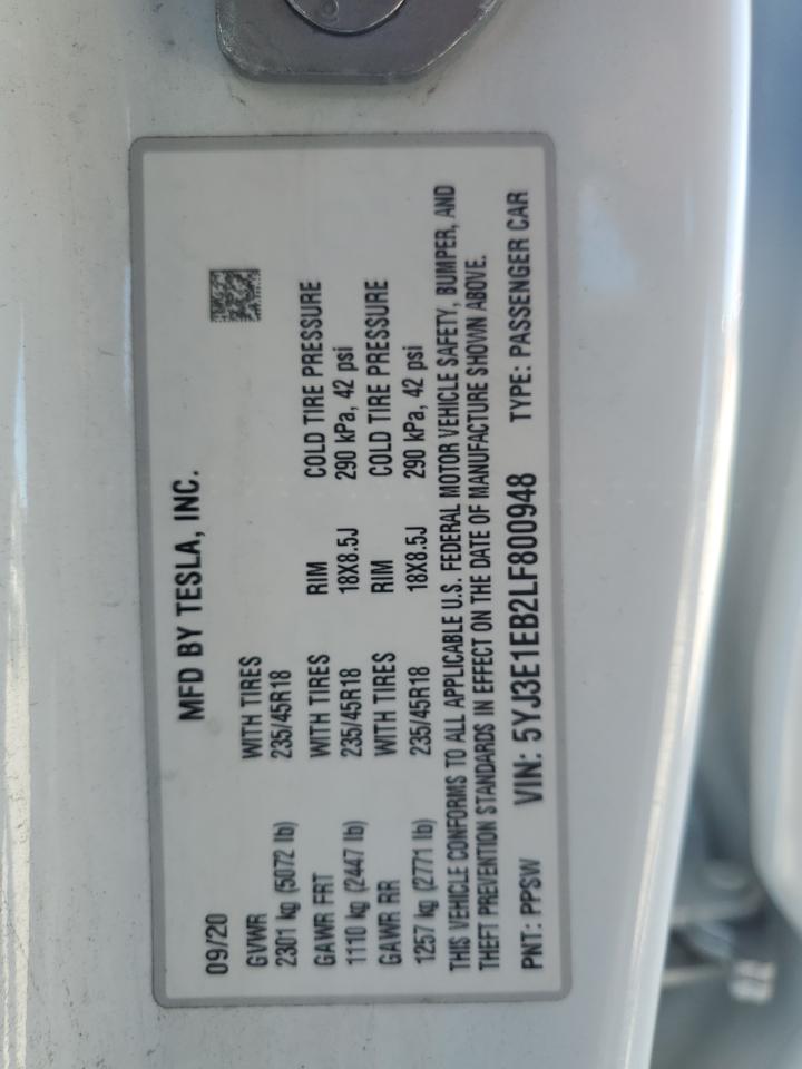 2020 Tesla Model 3 VIN: 5YJ3E1EB2LF800948 Lot: 82297805
