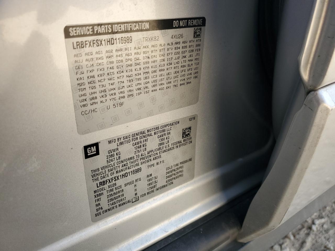 2017 Buick Envision Premium Ii VIN: LRBFXFSX1HD116989 Lot: 87080355