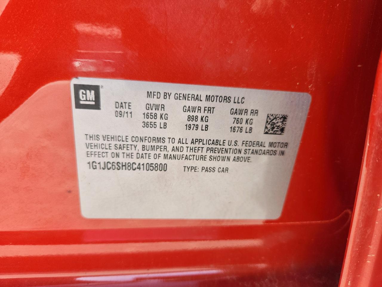 2012 Chevrolet Sonic Lt VIN: 1G1JC6SH8C4105800 Lot: 82298225