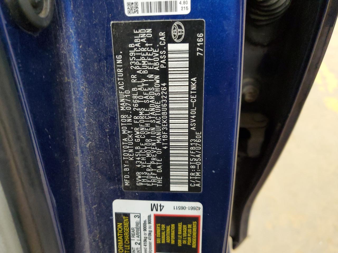 2011 Toyota Camry Base VIN: 4T1BF3EK0BU632264 Lot: 86617185