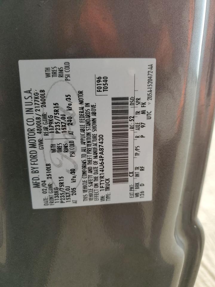 2004 Ford Ranger Super Cab VIN: 1FTYR14U64PA87430 Lot: 82738895