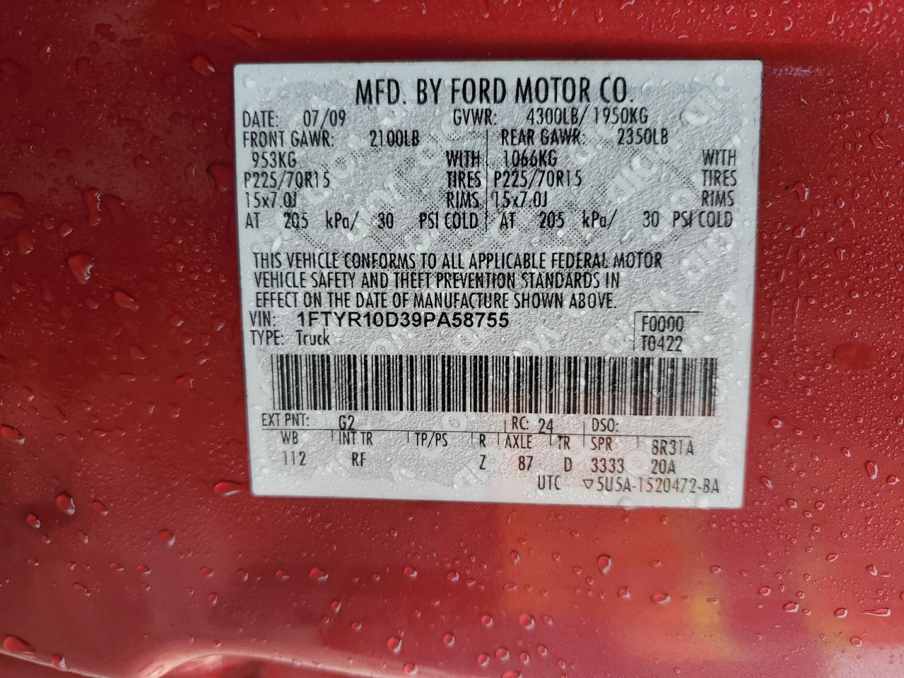 2009 Ford Ranger VIN: 1FTYR10D39PA58755 Lot: 89623615