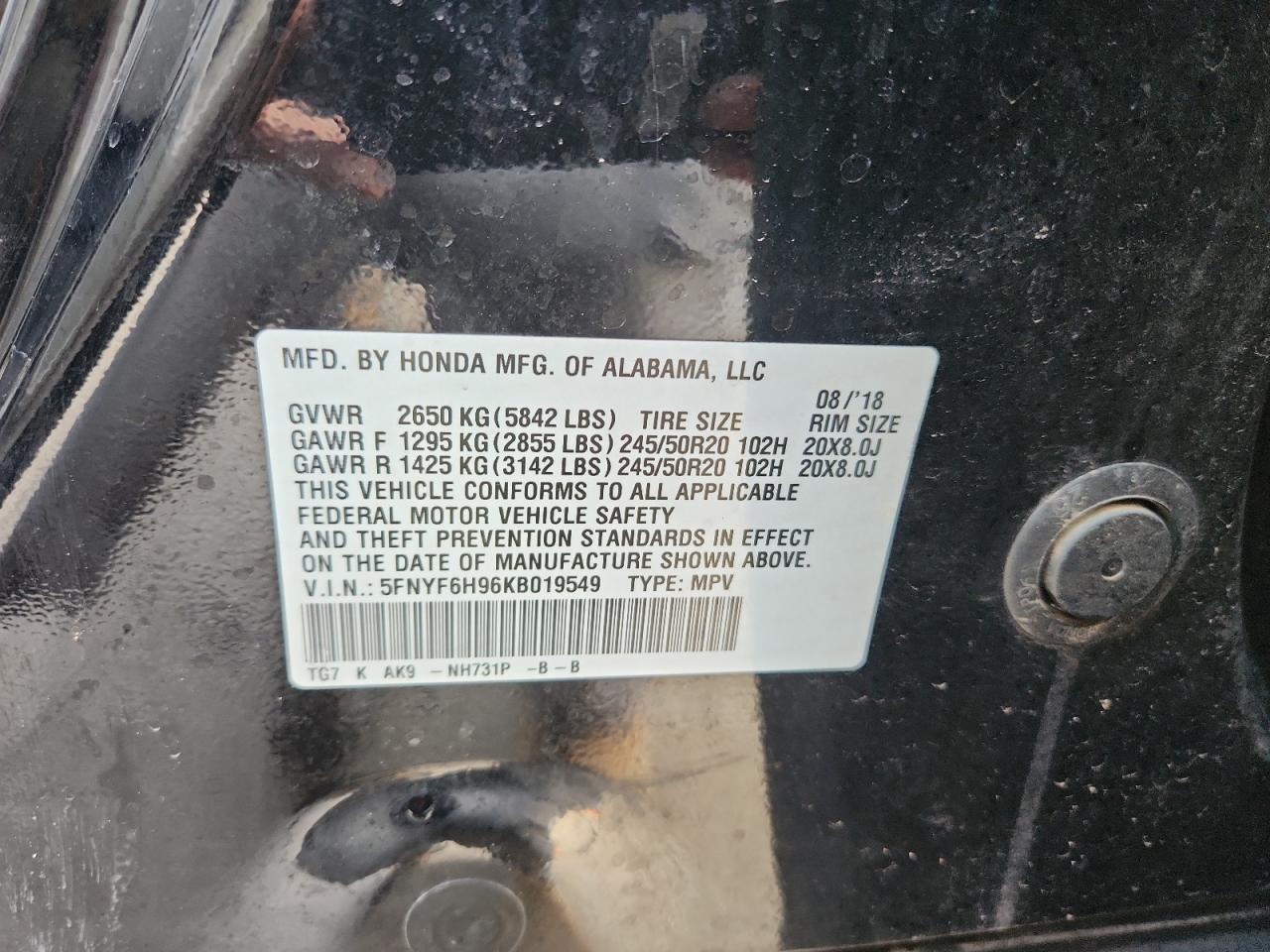 2019 Honda Pilot Touring Awd 8-Pass VIN: 5FNYF6H96KB019549 Lot: 85381885