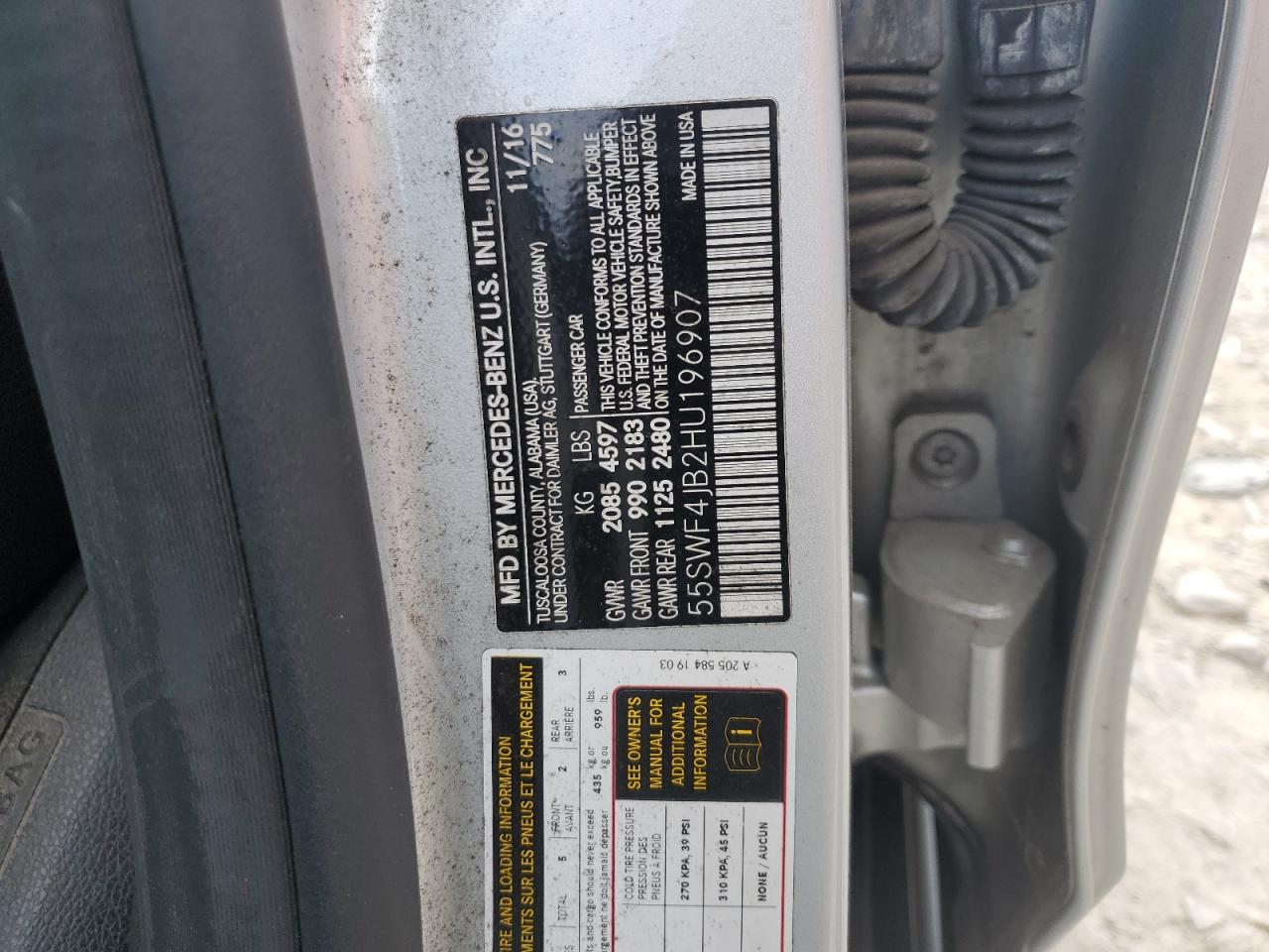 2017 Mercedes-Benz C 300 VIN: 55SWF4JB2HU196907 Lot: 85298105