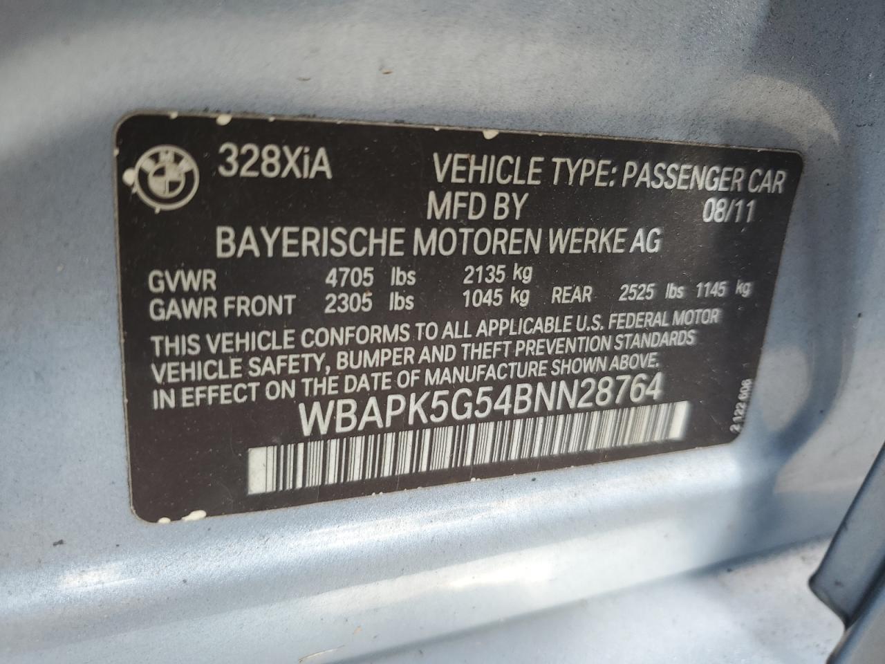 2011 BMW 328 Xi Sulev VIN: WBAPK5G54BNN28764 Lot: 82523425