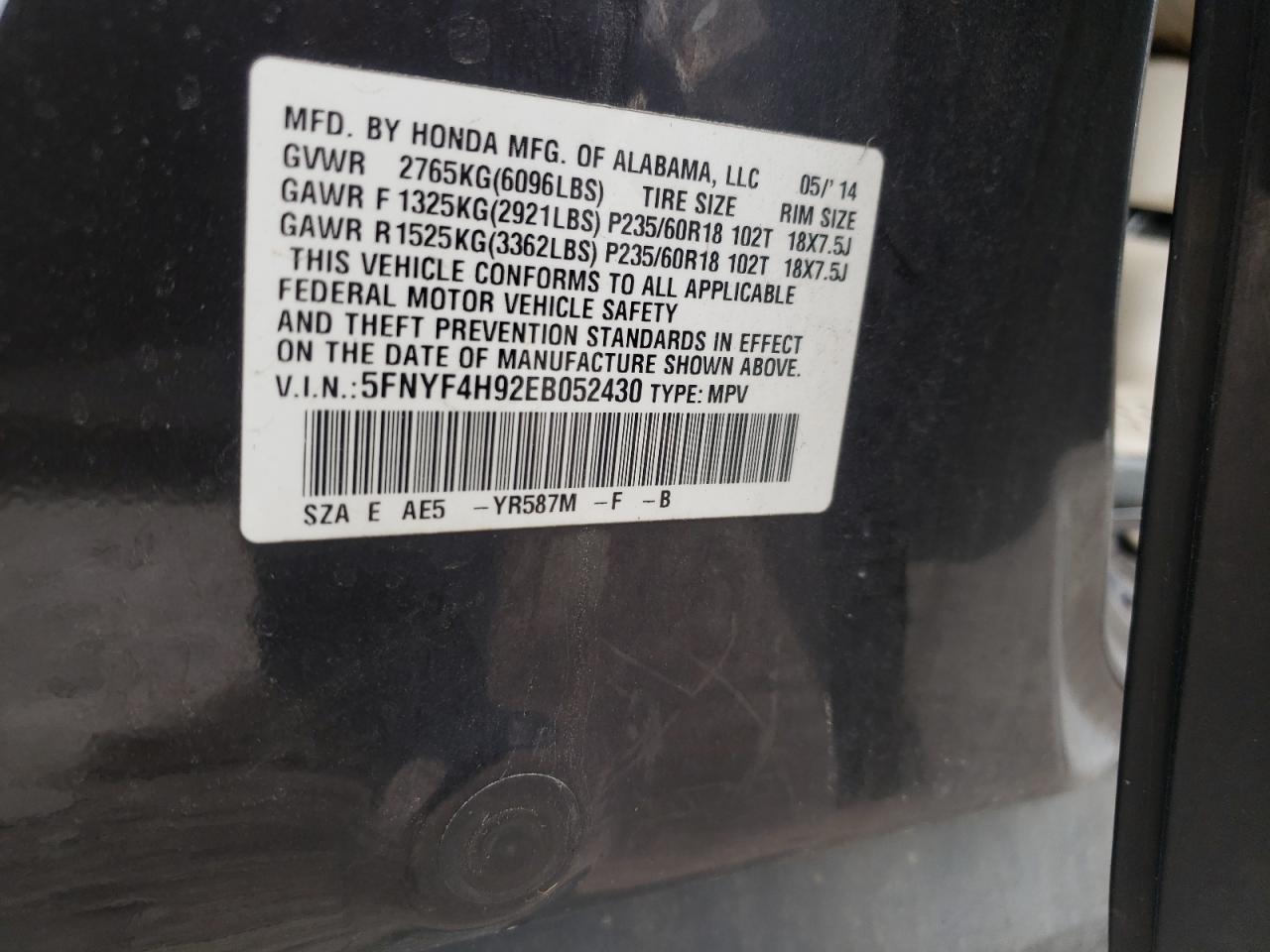 2014 Honda Pilot Touring VIN: 5FNYF4H92EB052430 Lot: 85482875