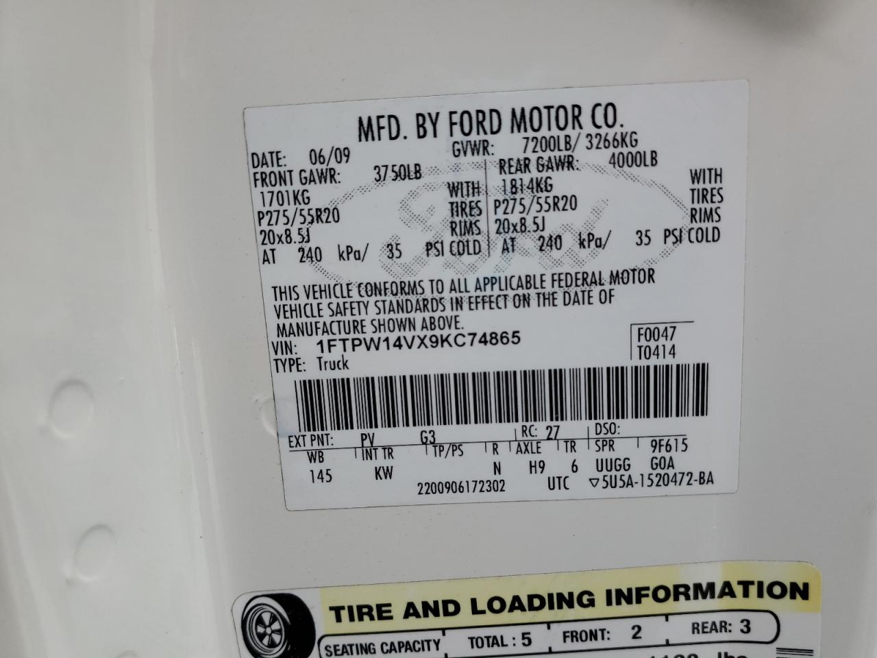 2009 Ford F150 Supercrew VIN: 1FTPW14VX9KC74865 Lot: 86246005