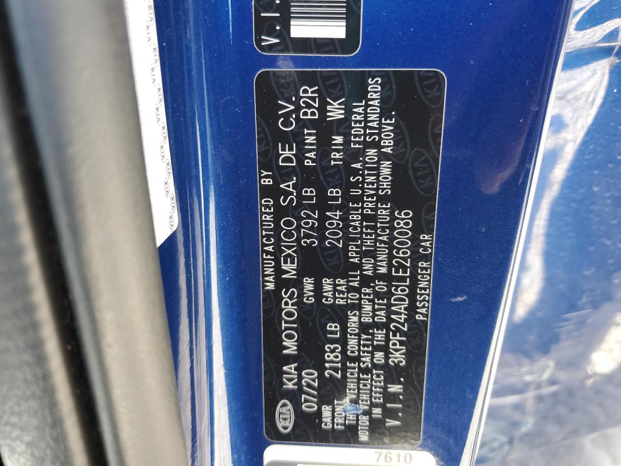 2020 Kia Forte Fe VIN: 3KPF24AD6LE260086 Lot: 85173205