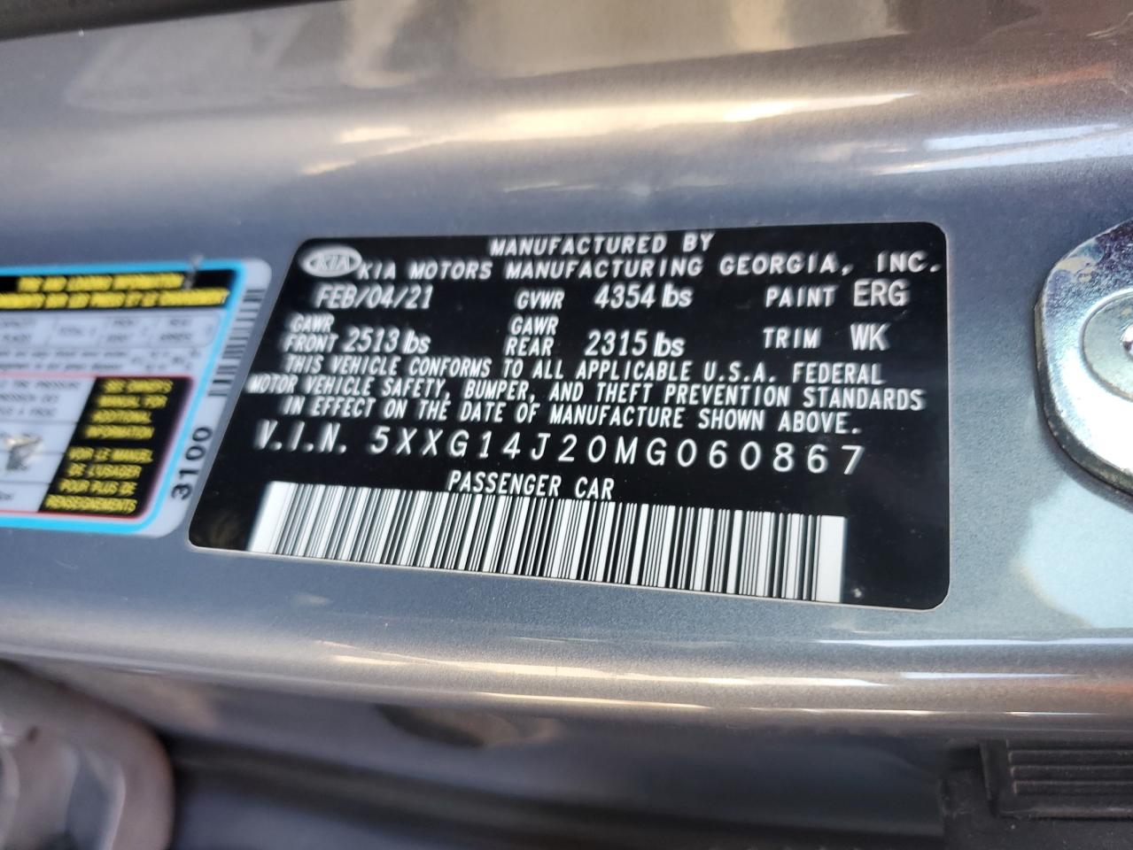 2021 Kia K5 Lxs VIN: 5XXG14J20MG060867 Lot: 82755245