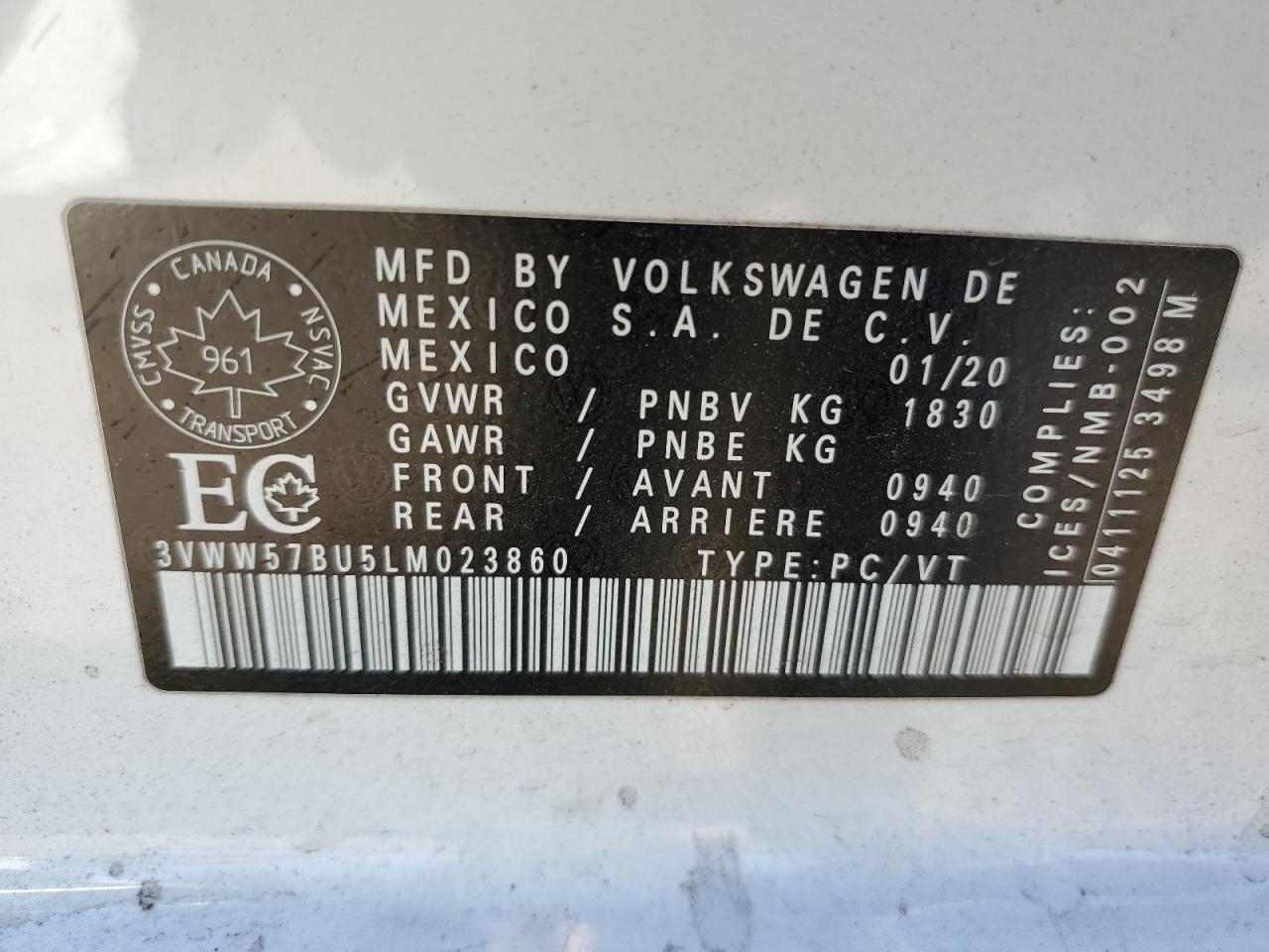2020 Volkswagen Jetta Highline VIN: 3VWW57BU5LM023860 Lot: 85920485