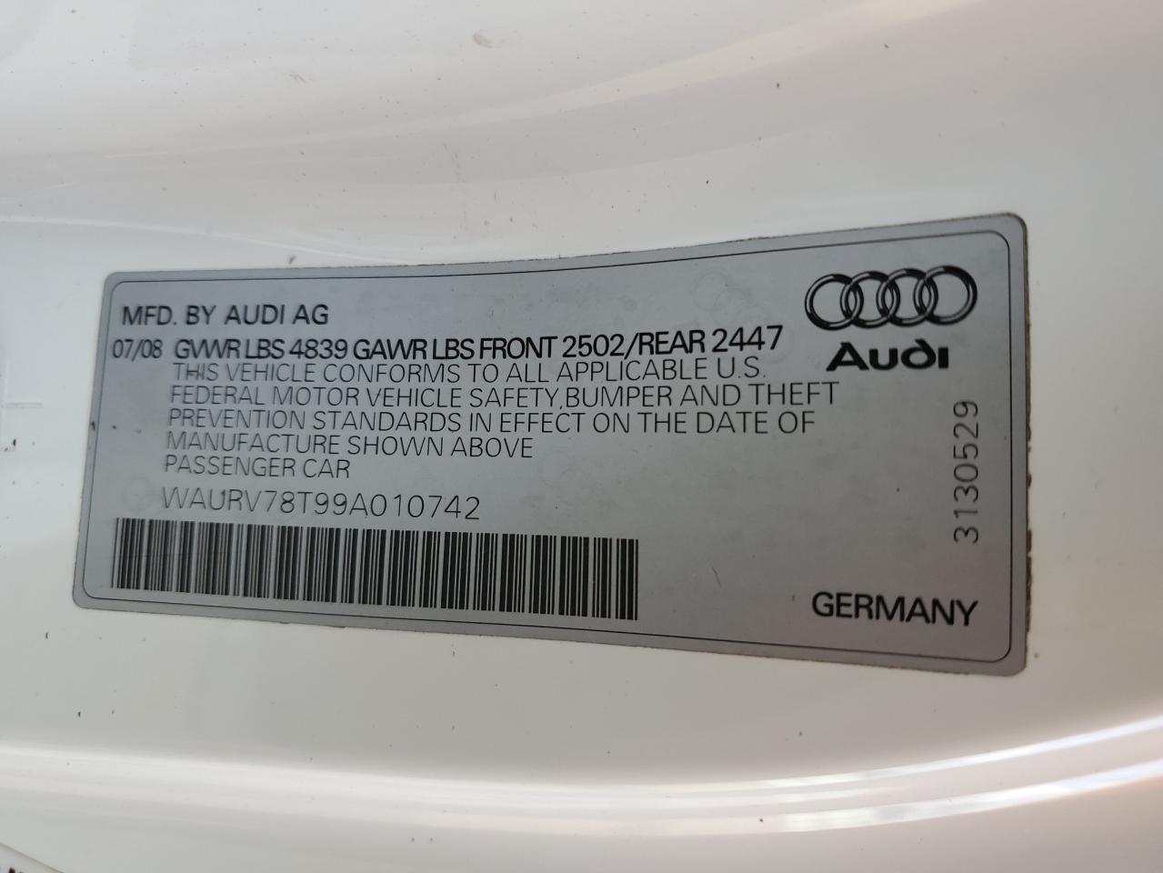 2009 Audi S5 Quattro VIN: WAURV78T99A010742 Lot: 86496725
