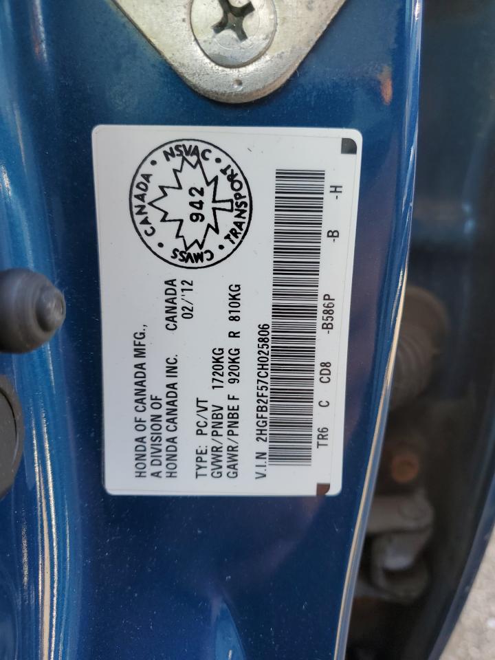 2012 Honda Civic Lx VIN: 2HGFB2F57CH025806 Lot: 81325395