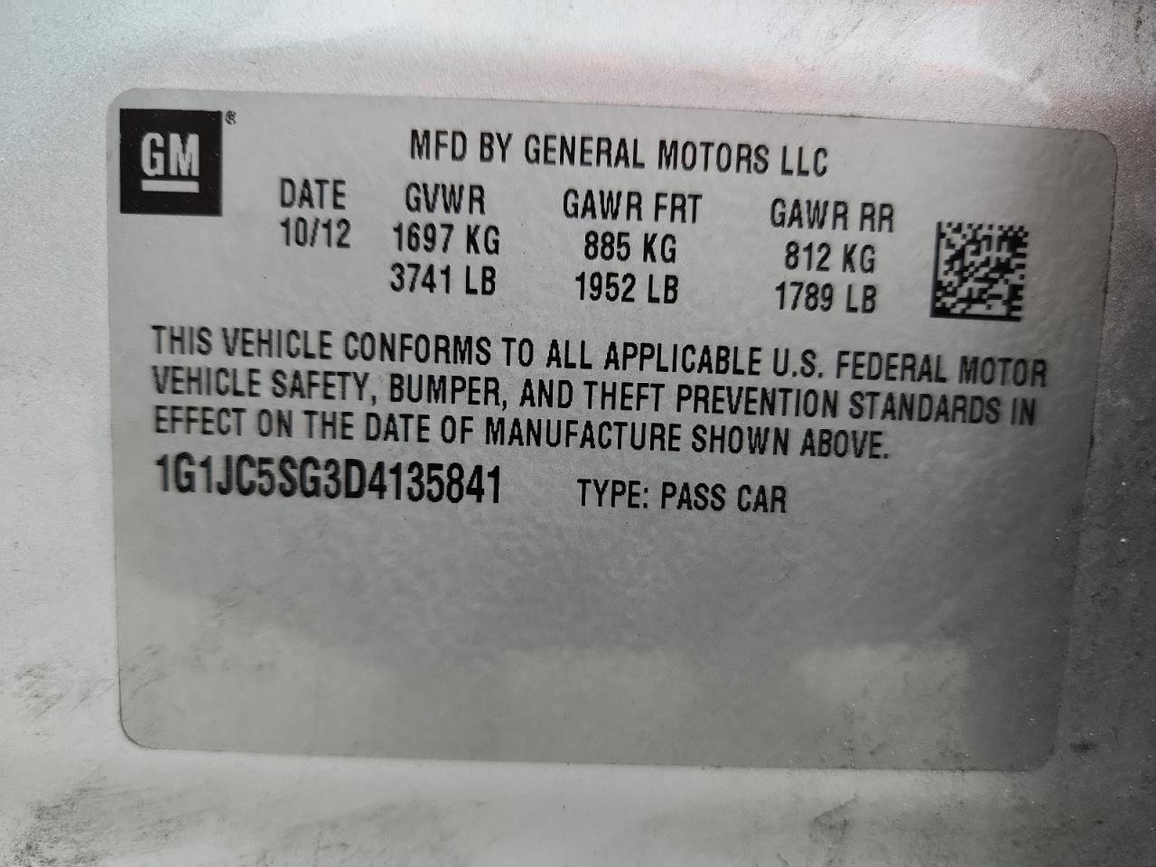 2013 Chevrolet Sonic Lt VIN: 1G1JC5SG3D4135841 Lot: 85535005