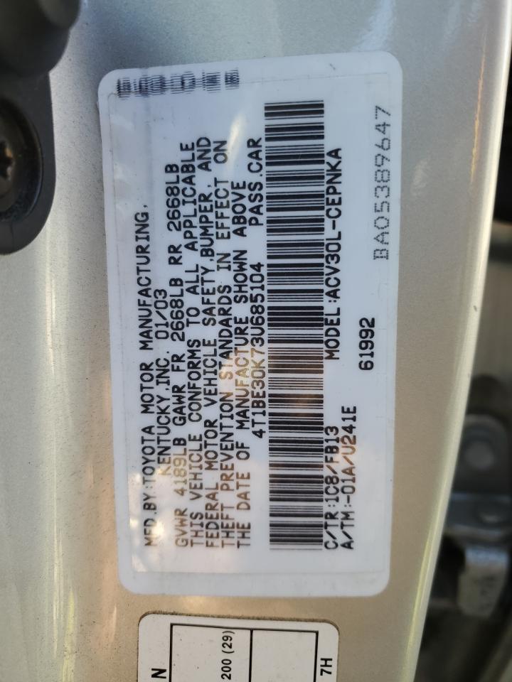 2003 Toyota Camry Le VIN: 4T1BE30K73U685104 Lot: 84581035