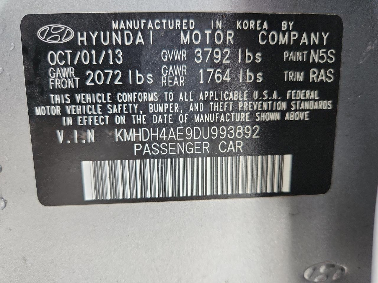 2013 Hyundai Elantra Gls VIN: KMHDH4AE9DU993892 Lot: 84064885