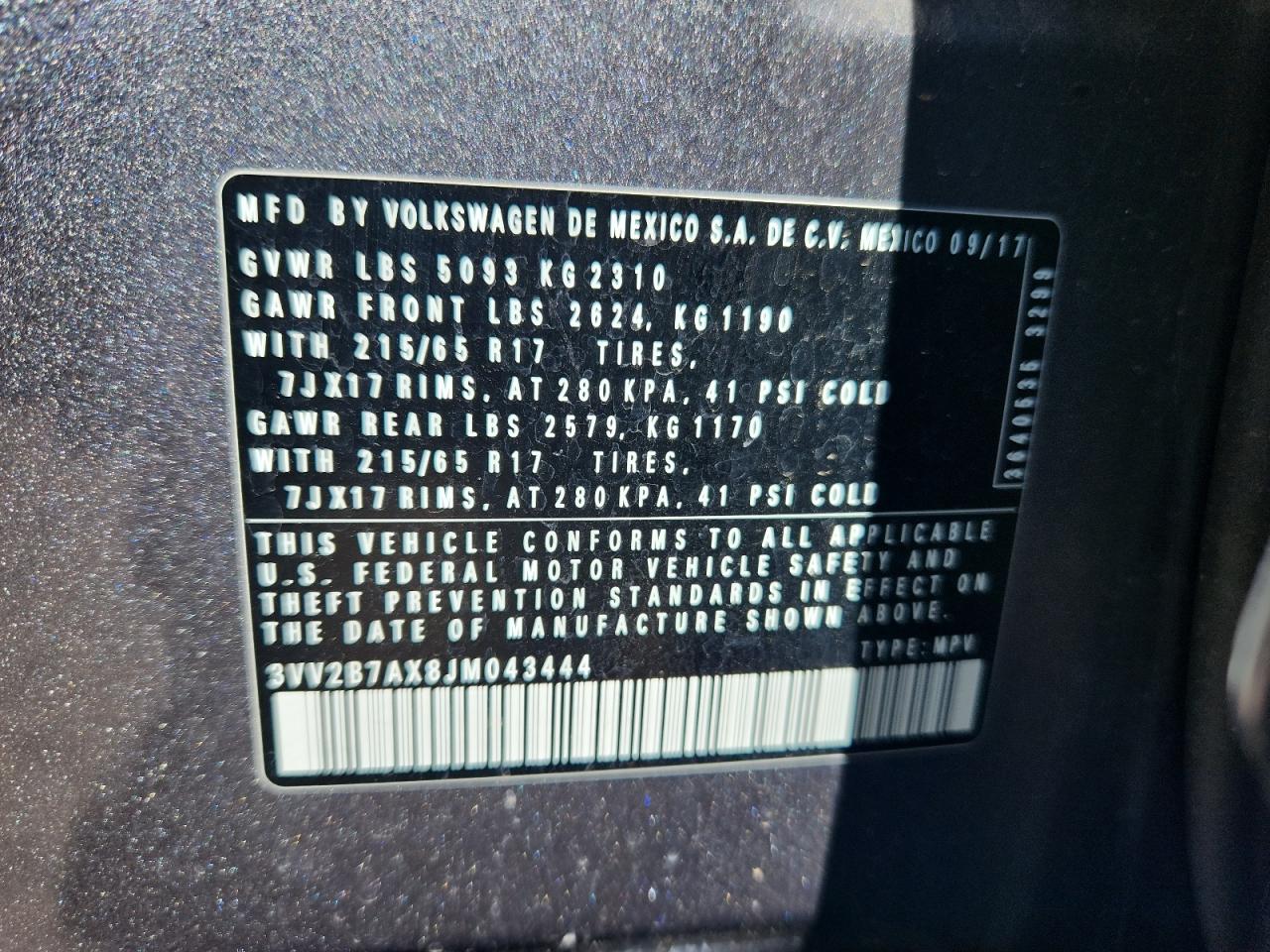 2018 Volkswagen Tiguan Se VIN: 3VV2B7AX8JM043444 Lot: 82228265