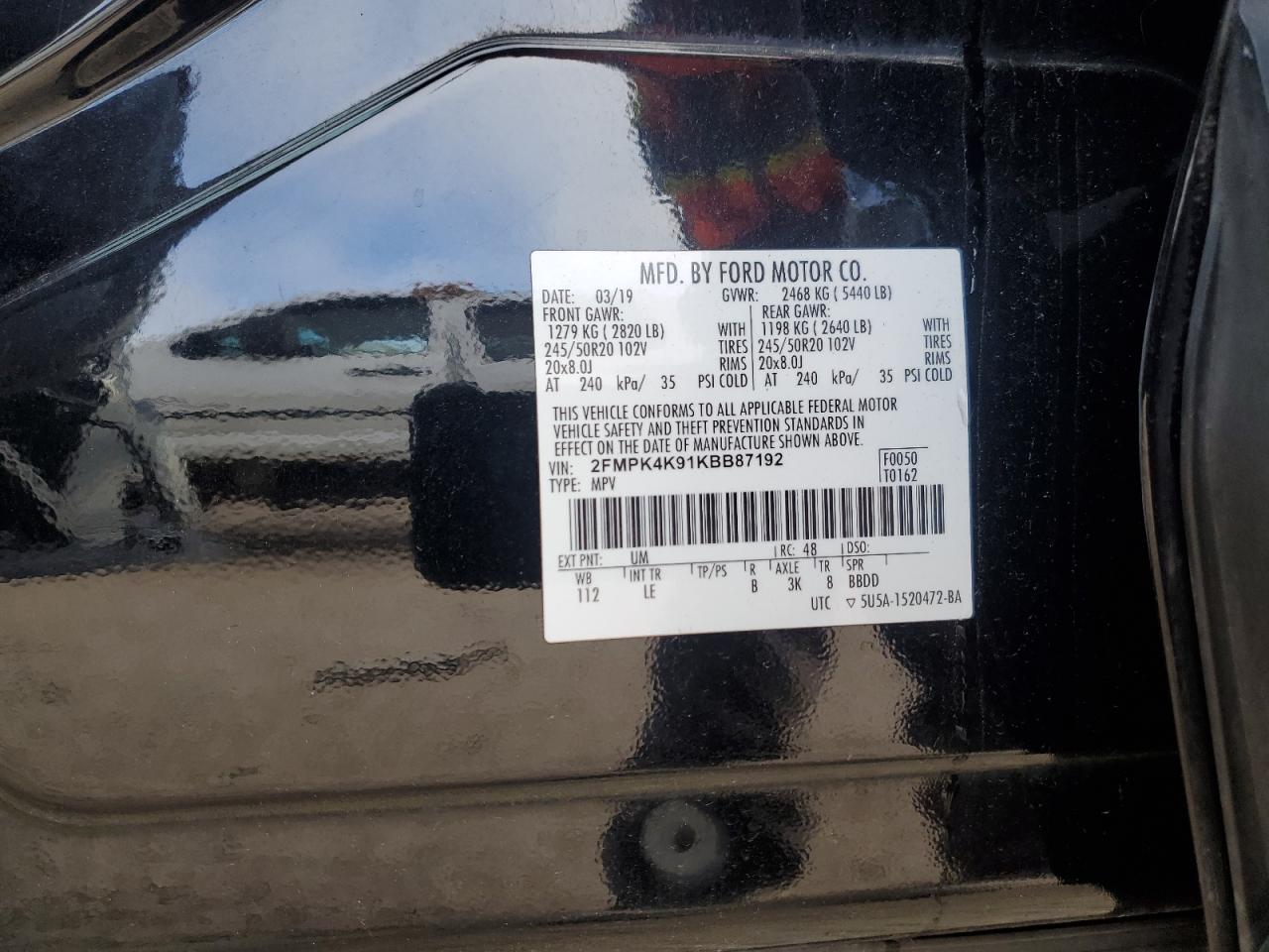 2019 Ford Edge Titanium VIN: 2FMPK4K91KBB87192 Lot: 90128495