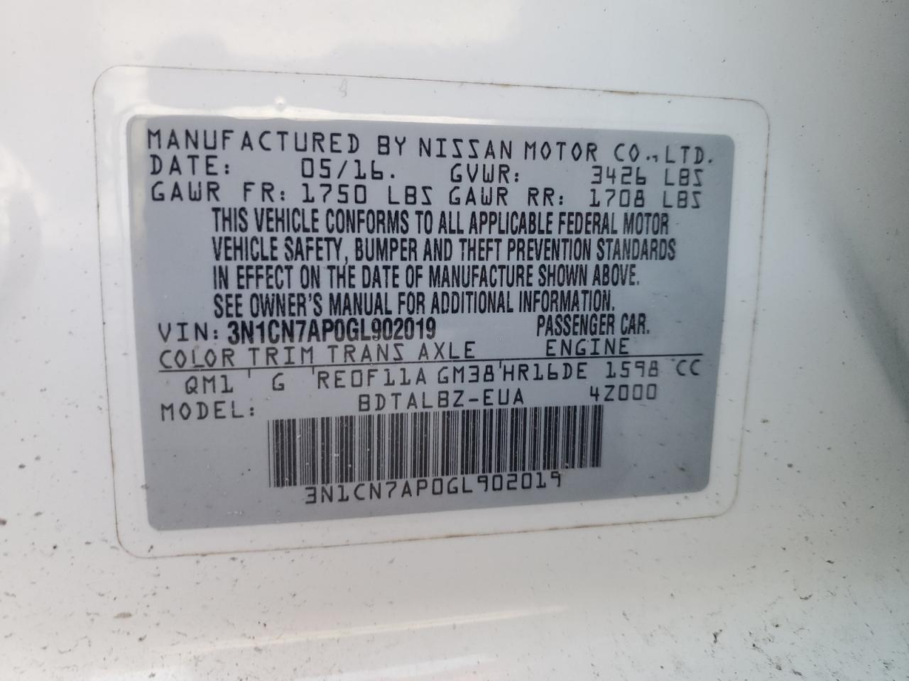 2016 Nissan Versa S VIN: 3N1CN7AP0GL902019 Lot: 82187155