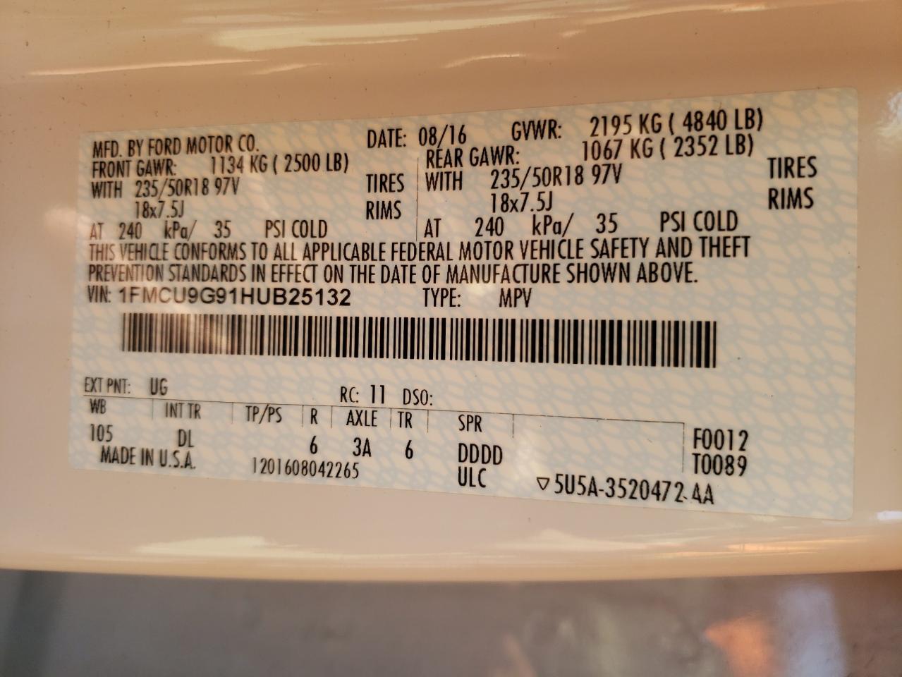 2017 Ford Escape Se VIN: 1FMCU9G91HUB25132 Lot: 85729415