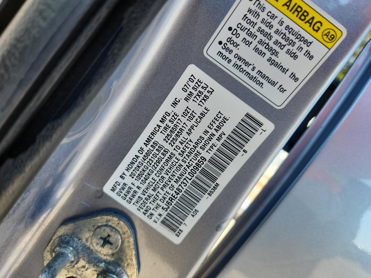 2007 Honda Cr-V Exl VIN: 5J6RE48737L009859 Lot: 81941705