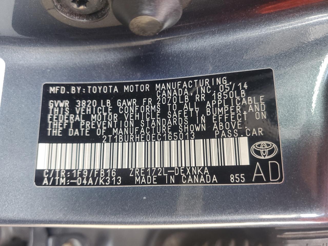 2014 Toyota Corolla L VIN: 2T1BURHE0EC165013 Lot: 84657175