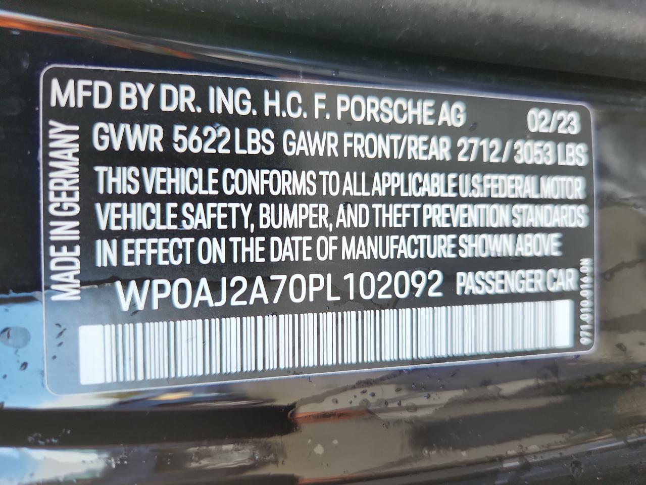 2023 Porsche Panamera Base VIN: WP0AJ2A70PL102092 Lot: 85548085