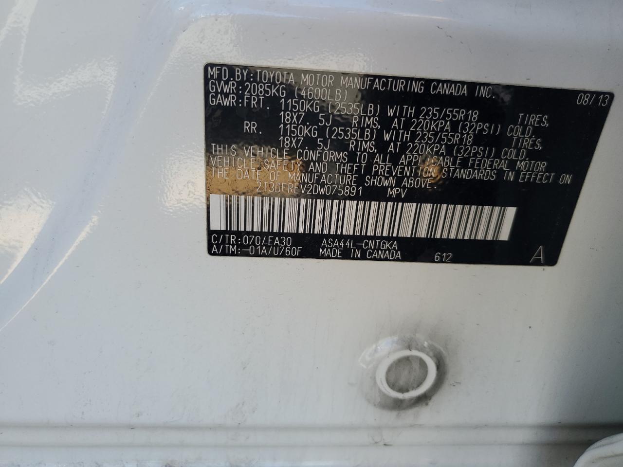 2013 Toyota Rav4 Limited VIN: 2T3DFREV2DW075891 Lot: 85744165