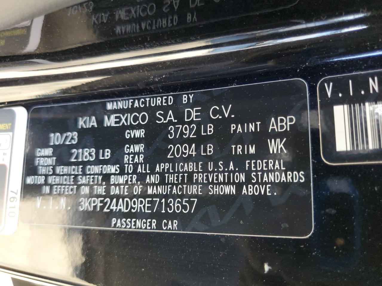 2024 Kia Forte Lx VIN: 3KPF24AD9RE713657 Lot: 87466895