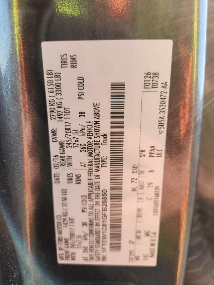 2016 Ford F150 Supercrew VIN: 1FTEW1C81GFB28850 Lot: 90322695