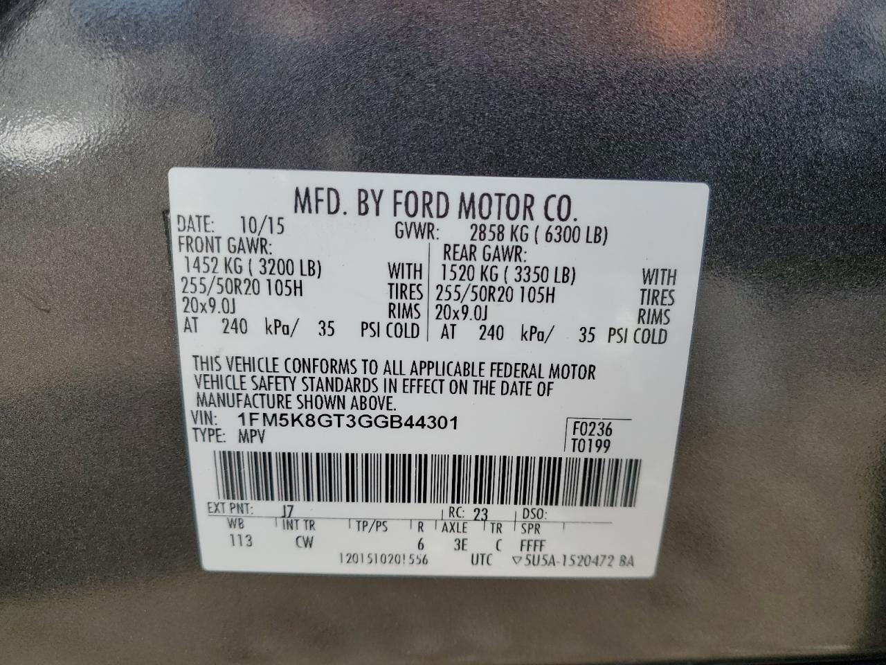 2016 Ford Explorer Sport VIN: 1FM5K8GT3GGB44301 Lot: 87072355