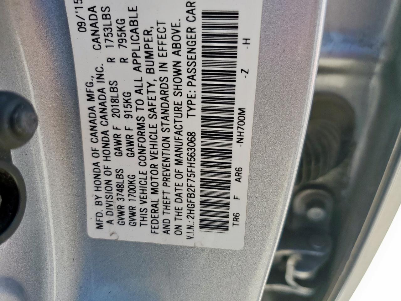 2015 Honda Civic Se VIN: 2HGFB2F75FH563068 Lot: 90861935