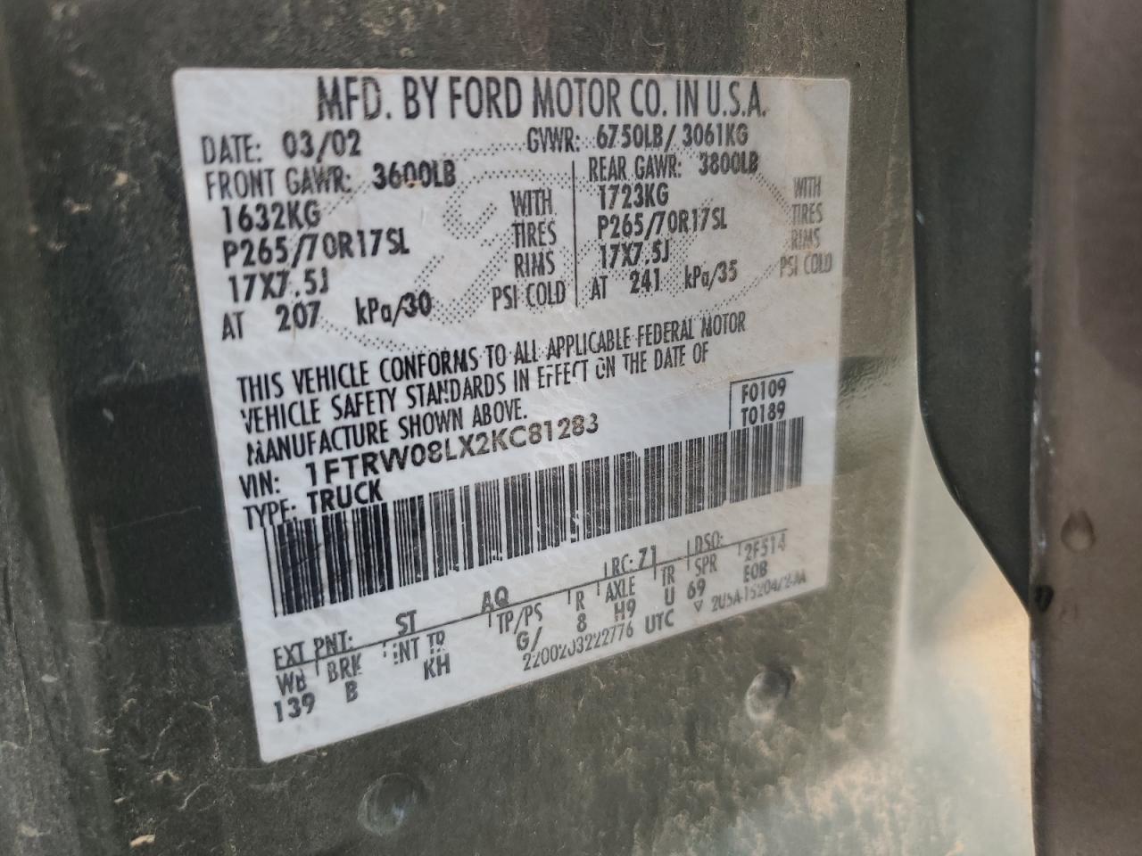 2002 Ford F150 Supercrew VIN: 1FTRW08LX2KC81283 Lot: 85504565