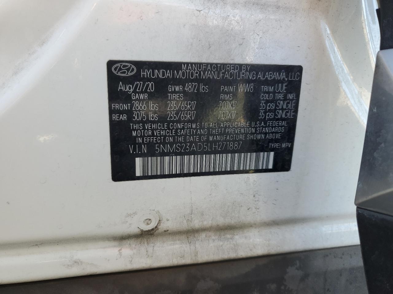 2020 Hyundai Santa Fe Se VIN: 5NMS23AD5LH271887 Lot: 82217355