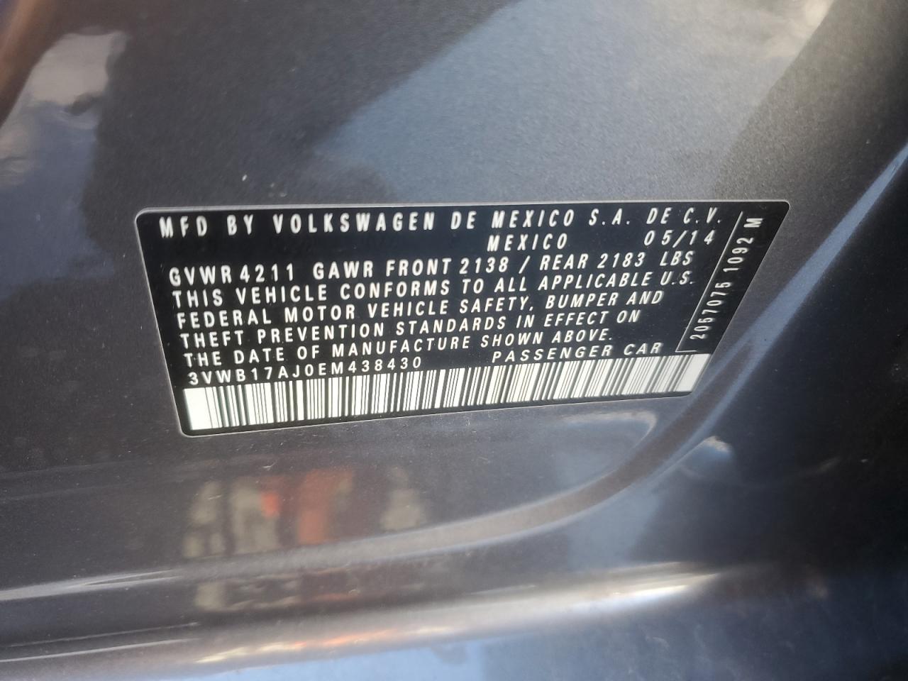 2014 Volkswagen Jetta Se VIN: 3VWB17AJ0EM438430 Lot: 86212875