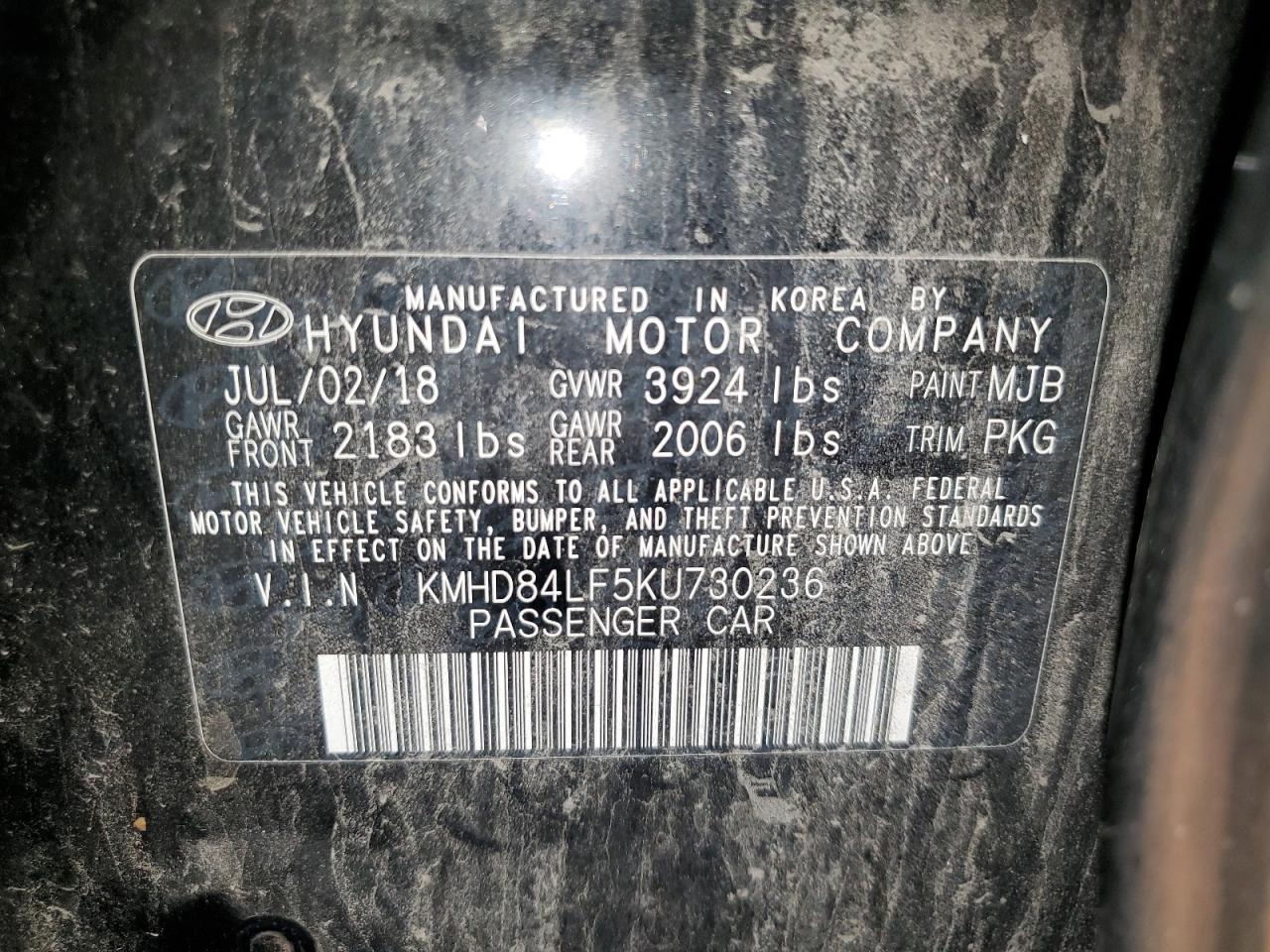 2019 Hyundai Elantra Sel VIN: KMHD84LF5KU730236 Lot: 89684085