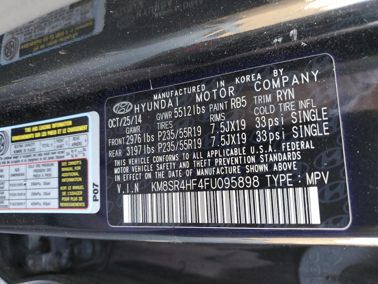 2015 Hyundai Santa Fe Gls VIN: KM8SR4HF4FU095898 Lot: 89638145